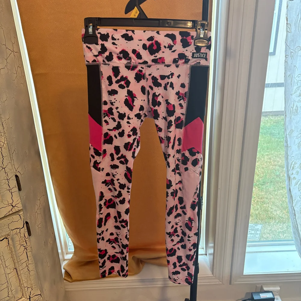 Justice Girls Leggings Activewear Pink Black Leopard Animal Print Size 10 Sporty